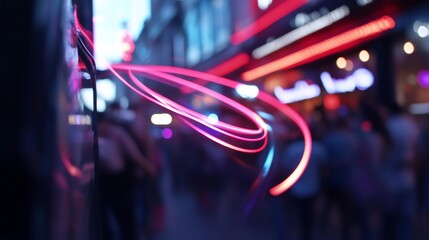 Fototapete - Abstract neon light trails illuminate a city street with blurred figures and buildings suggesting urban nightlife. Red and blue hues dominate the scene. Motion effect through blurred lights