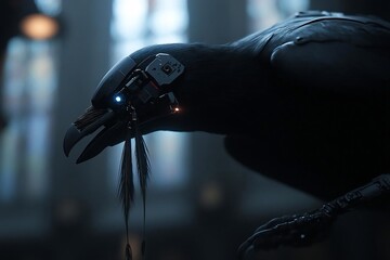 Fototapete - Close up of a cybernetic bird with intricate mechanical details and glowing eyes against a blurred background