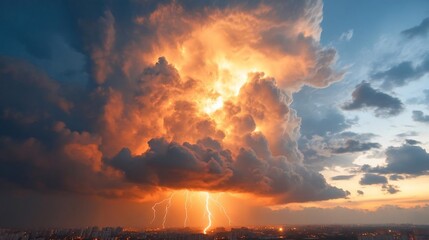 Poster - Dramatic thunderstorm with lightning over a cityscape dramatic sky orange and blue colors. Lightning strikes from cloud. Epic scenic backdrop