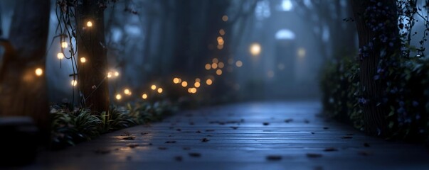Fototapete - Mysterious forest path scene with string lights illuminating the wooden pathway. Misty atmosphere creates a magical ambiance with trees and lush greenery. Soft focus with shallow depth of field