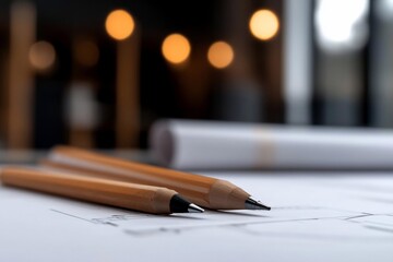 Poster - Close-up of pencils lying on a detailed blueprint with soft focus background and bokeh lights showing creativity and planning in a workspace