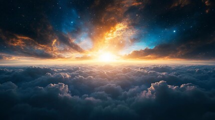 Poster - Dramatic celestial landscape with sunburst illuminating clouds and starry night sky above a sea of fluffy clouds creating a sublime and ethereal atmosphere