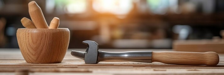 Poster - Close-up view showcasing woodworking tools including a wooden bowl with dowels and a wrench illuminated by warm sunlight. Soft focus background highlighting craftsmanship. Focus on wooden texture and