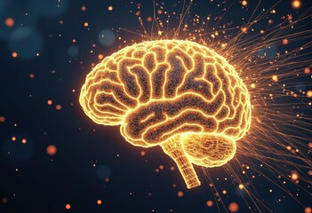 Fototapete - Golden neural brain network illuminated with digital sparks, symbolizing intelligence, connectivity, and the future of technology