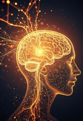 Fototapete - Golden neural brain network illuminated with digital sparks, symbolizing intelligence, connectivity, and the future of technology