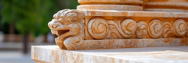 Leinwandbilder - Detailed view of an architectural stone element showcasing intricate carvings and textures depicting an ancient lion head and scroll patterns with blurred greenery background