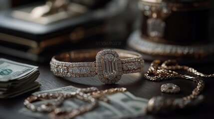 Poster - Close up shot of elegant gold bracelet adorned with diamonds and gemstones resting on a table next to money and jewelry. Luxurious items reflect wealth and opulence