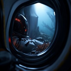 Aufkleber - A person rests inside a spacecraft peering through a circular window observing an underwater scene with vibrant coral and aquatic plants illuminated by soft blue light