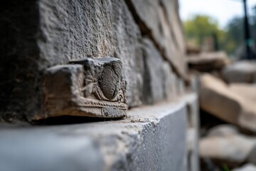 Leinwandbilder - Close up view of weathered stone wall detail with carved relief showing architectural elements. Selective focus on the textured surfaces and design elements
