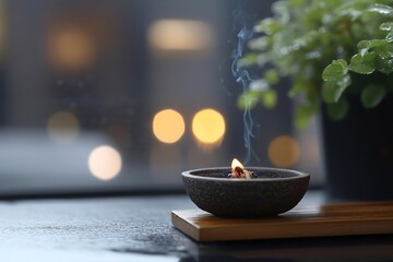 Poster - Burning candle in a dark gray bowl with smoke rising against a blurred background featuring bokeh lights and a potted green plant on a wooden tray creating a serene atmosphere