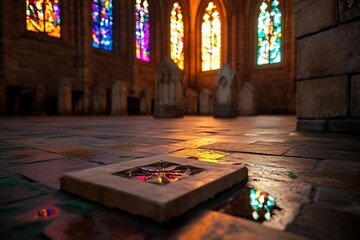 Poster - Low angle interior shot of a structure with colorful stained glass windows reflecting on the wet floor and stone statues, atmospheric lighting