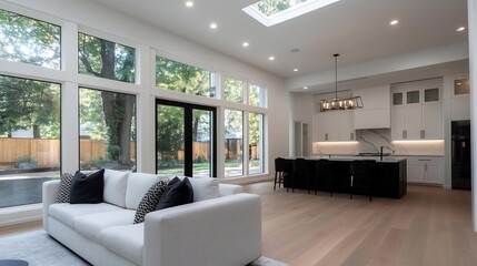 Poster - Modern interior design featuring a bright living room with large windows a kitchen and dining area with an open concept design