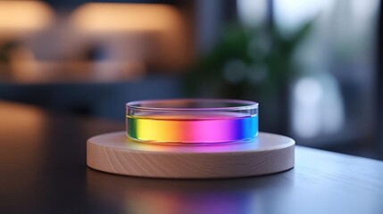 Poster - Close up of a glass bowl with vibrant rainbow colors illuminated on a wooden pedestal blurred background bokeh. The light creates a colorful visual effect
