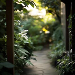 Leinwandbilder - Pathway through lush green garden with selective focus on white flowers and foliage sunlight streaming through the canopy creating a serene and natural ambiance