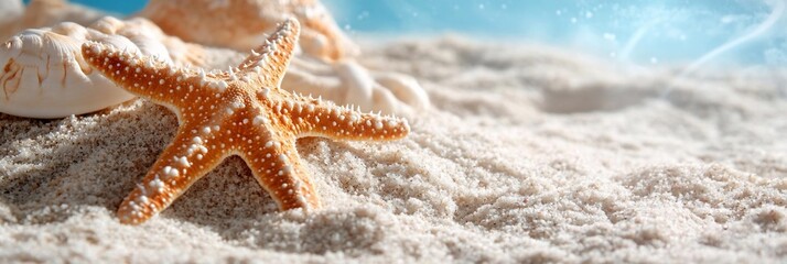 Aufkleber - Close-up view of a starfish resting on white sand with seashells and a light blue background evocative of a beach scene. Captures the essence of relaxation
