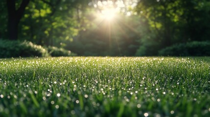 Aufkleber - Close up view of green grass with morning dew drops lit by sun rays. Lush green foliage and sunlight creates an outdoor nature scene perfect for tranquility and summer