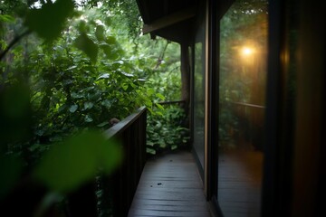 Poster - A generic balcony overlooks lush green foliage with a vibrant yellow light source in the distance reflected on the glass door creating a serene and tranquil atmosphere