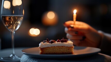 Poster - A lit candle sits atop a slice of cake with white frosting and berries, beside a champagne glass in a dimly lit setting. Bokeh lights are in the background, and a hand holds the candle
