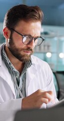 Aufkleber - Science, glasses and man in laboratory with tablet for research, development or online results. Digital app, review and scientist with tech for medical study, innovation and biotech engineering