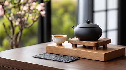 Aufkleber - A serene tea setting featuring a black ceramic teapot and a small cup on a wooden tray with natural light and a blurred background