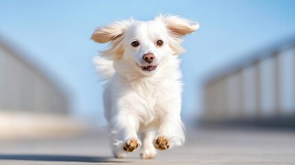 Aufkleber - Joyful white dog running towards the camera with a blurred blue sky background. Focused on the dog's face and body language