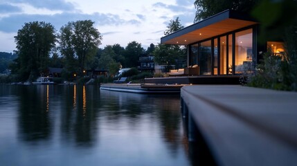 Aufkleber - Modern lakeside house at dusk illuminated interiors reflecting on calm water creating a serene ambiance. Featuring architecture landscaping trees and soft light. 