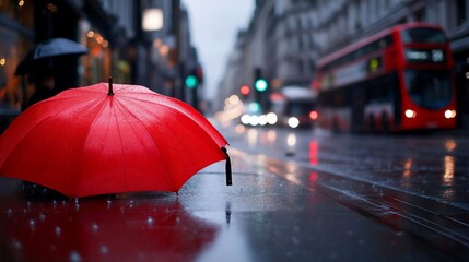 Aufkleber - A vibrant red umbrella stands out in the rain on a city street reflecting lights with a blurred background showcasing a vehicle. Moody weather in urban environment