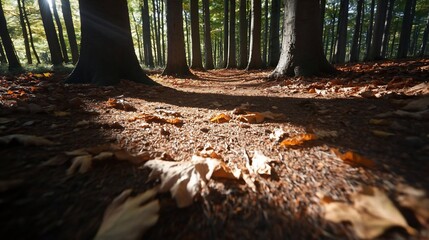 Leinwandbilder - A ground-level perspective of a forest path blanketed in fallen autumn leaves illuminated by dappled sunlight creating a serene atmosphere