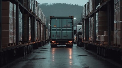 Poster - A teal cargo truck parked between rows of freight trucks filled with cardboard boxes on a wet road under a muted gray sky. The scene has a commercial or industrial feel. The lighting is dim