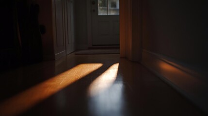 Fototapete - Warm sunlight streams across a wooden floor in a domestic interior, creating shadows and highlighting the textures of the wood, doorway in background, soft lighting atmosphere