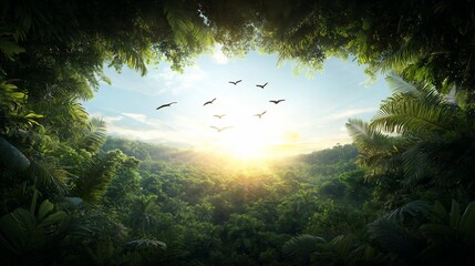 Leinwandbilder - Panoramic view of lush green jungle with sunlight streaming through the canopy and silhouetted birds soaring against a bright blue sky a vibrant natural landscape