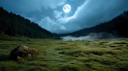 Poster - Mystical night scene with a full moon illuminating a valley shrouded in mist Green meadow foreground with forest covered hills under a moody sky