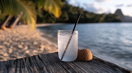 Aufkleber - A refreshing glass of water with a straw rests on a wooden surface beside a coconut half with a beach and lush islands in the soft-focus background
