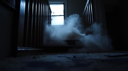 Poster - smoke or fog rising from staircase in dimly lit room near window creating mysterious and eerie atmos