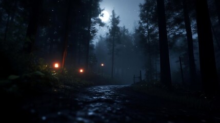 Aufkleber - Mysterious night forest path with glowing lanterns under a full moon atmospheric scene with trees and a pathway evoking a sense of solitude and wonder
