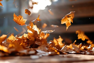 Aufkleber - Autumn leaves in shades of brown falling gracefully in a warm, sunlit environment with a blurred background, creating a dynamic seasonal scene