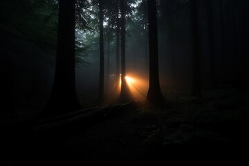 Leinwandbilder - Sunlight streams through trees in a dark forest illuminating the undergrowth creating a mystical atmosphere