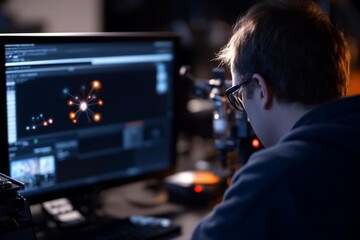 Fototapete - A man in glasses working on computer with graphical interface. The scene is dark with a focus on the screen and a subtle background glow