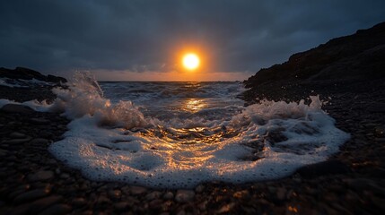 Aufkleber - Dramatic sunset over ocean waves crashing on rocky shore golden light reflecting on water and foam dark cloudy sky coastal landscape