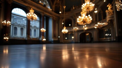 Poster - Elegant ballroom interior with large chandeliers and reflective wooden floor creating warm atmosphere. Focus on the floor with blurred background