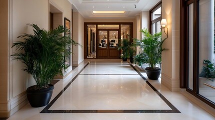 Poster - Elegant hallway interior with polished marble floor lush potted plants and warm ambient lighting leading to a glass door entrance
