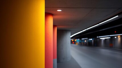 Aufkleber - Colorful cylindrical columns in a concrete tunnel illuminated by overhead lighting leading to a blurred background of distant lights