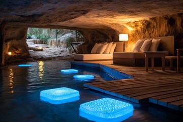 Aufkleber - An inviting spa scene with illuminated stepping stones leading to a relaxation area inside a natural cave setting featuring comfortable seating and soft lighting
