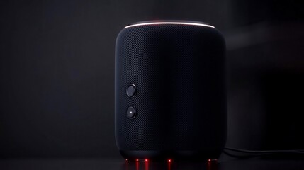 Poster - A cylindrical black speaker glows with red and white lights against a dark background showcasing minimalist design and modern technology