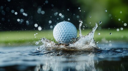 Poster - Golf ball impacting water creating splash with green background and selective focus showing texture and movement in a dynamic moment