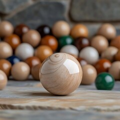 Fototapete - Close-up view of a wooden sphere in focus with a glossy finish against a blurred backdrop of numerous similarly colored spheres arranged on a stone surface