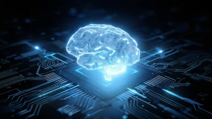 Poster - Digital Brain in Circuitry: A captivating depiction of the human brain transformed into a digital entity, intricately embedded within a complex circuit board, radiating with an ethereal glow.