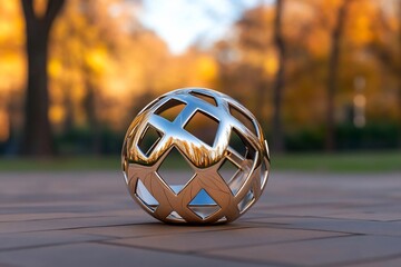 Poster - Close-up shot of a metallic sphere with a lattice design resting on a brick surface. The background features blurred autumn foliage creating a warm ambiance