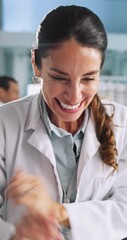 Poster - Science, success and woman on laptop in lab for research, medical analysis and breakthrough. Healthcare, pharmaceutical and scientist on computer celebrate for cure, vaccine or medicine development