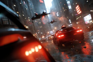 Poster - Rainy urban scene featuring generic flying vehicles and a red car with illuminated lights on a wet street. Cinematic, dramatic lighting creates a vibrant atmosphere